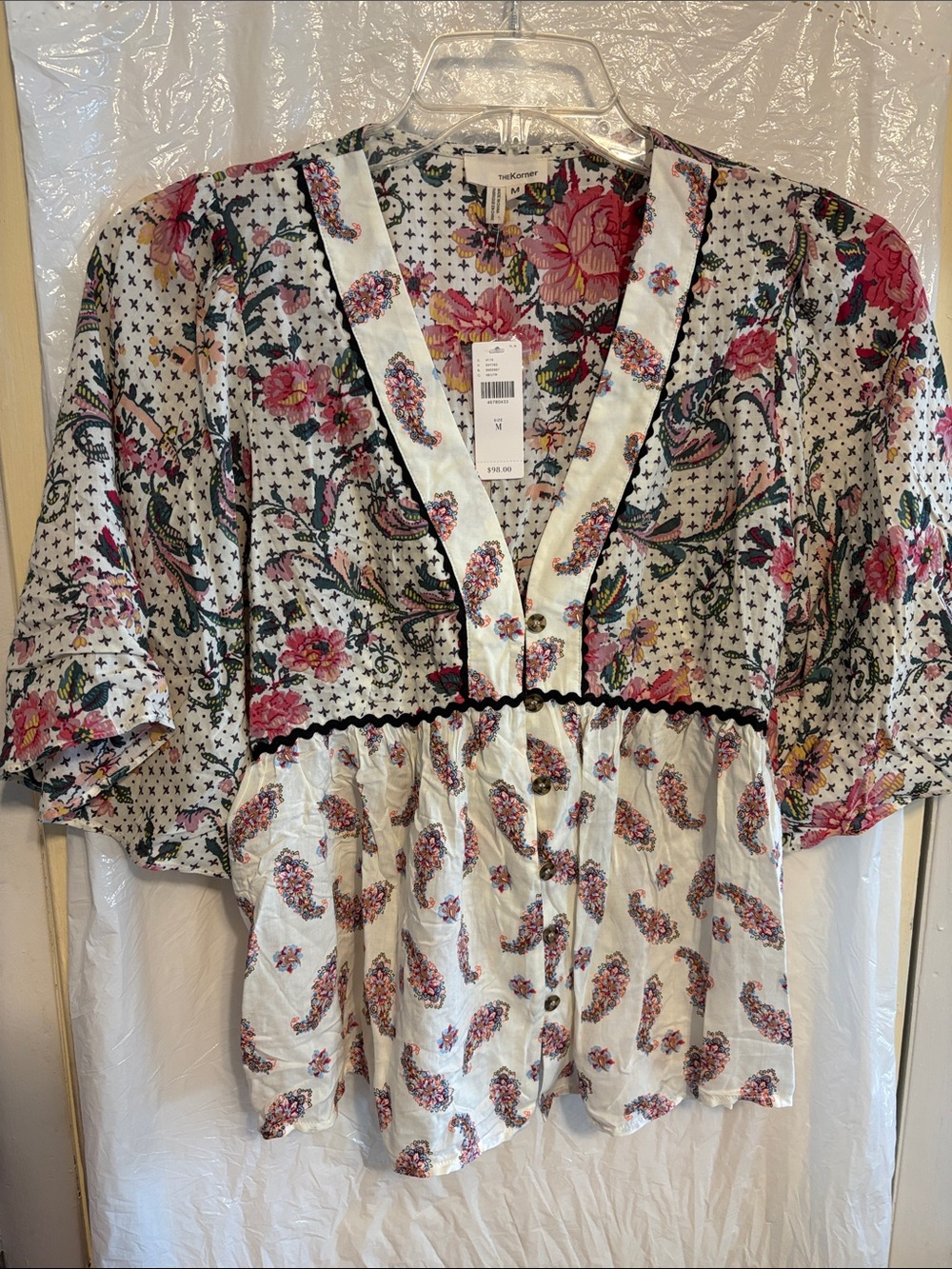 White Floral Paisley Peasant Tunic with Pink Accents